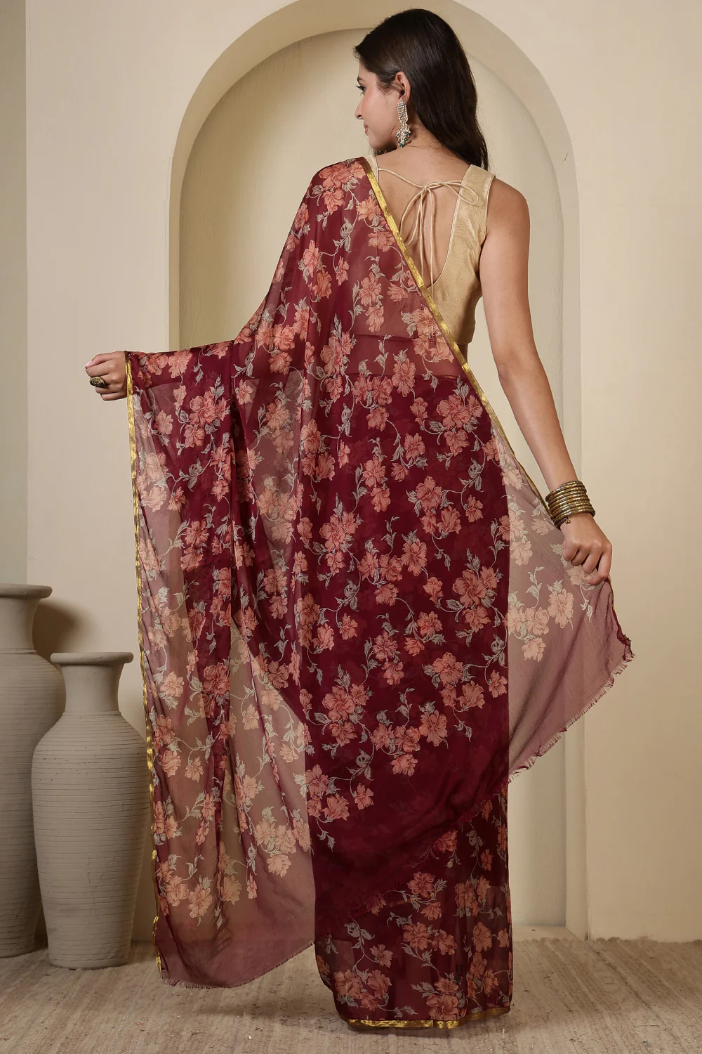 Dark Scarlet Chiffon Floral Zari Border & Floral Printed Saree - Image 3