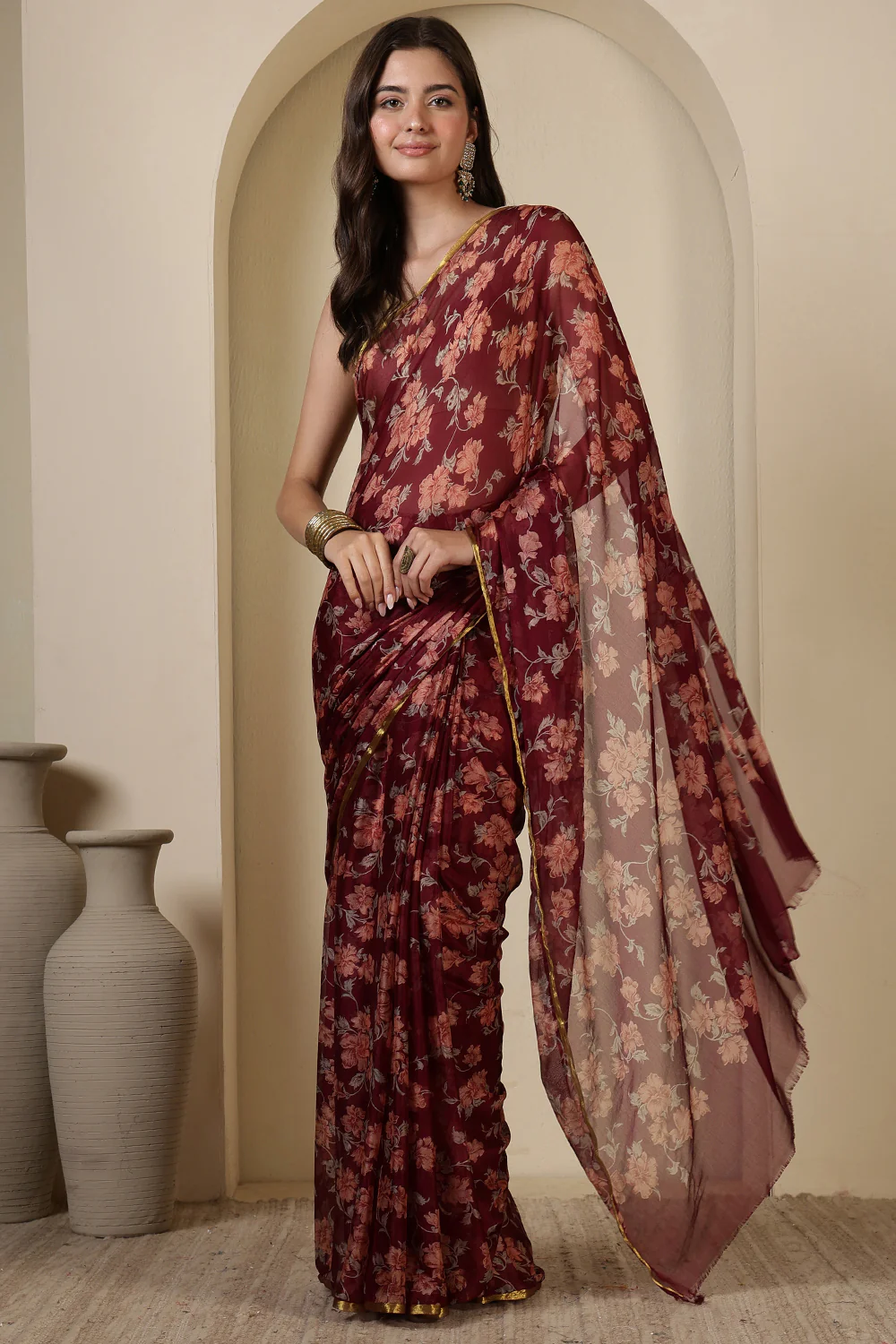 Dark Scarlet Chiffon Floral Zari Border & Floral Printed Saree - Image 4