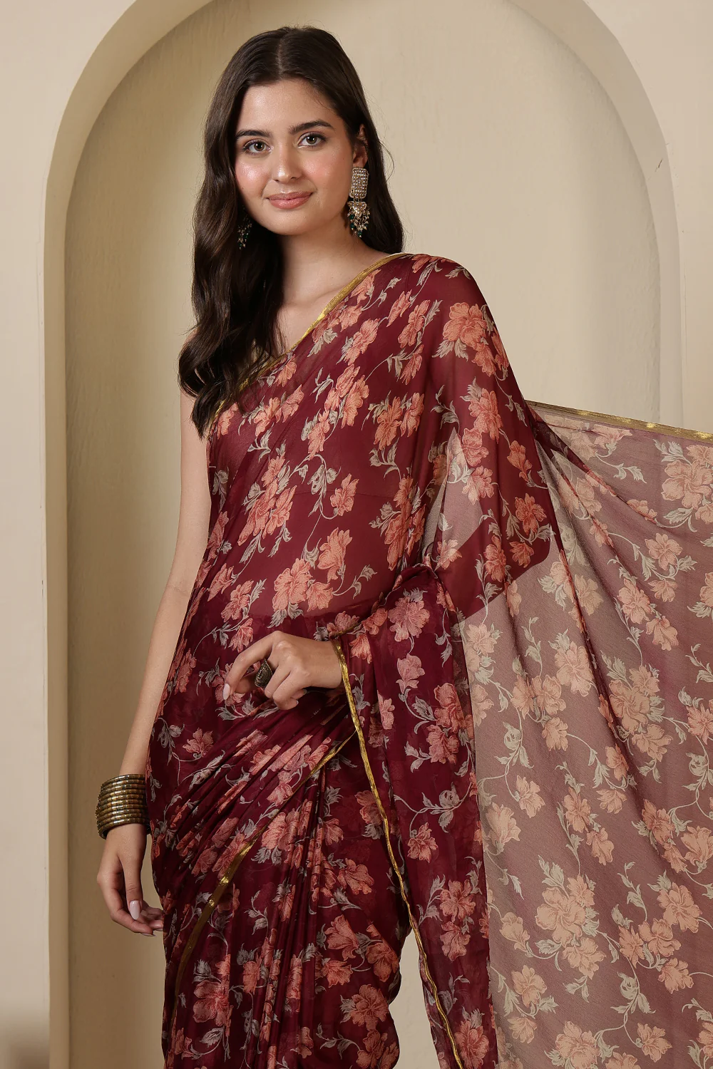 Dark Scarlet Chiffon Floral Zari Border & Floral Printed Saree - Image 5