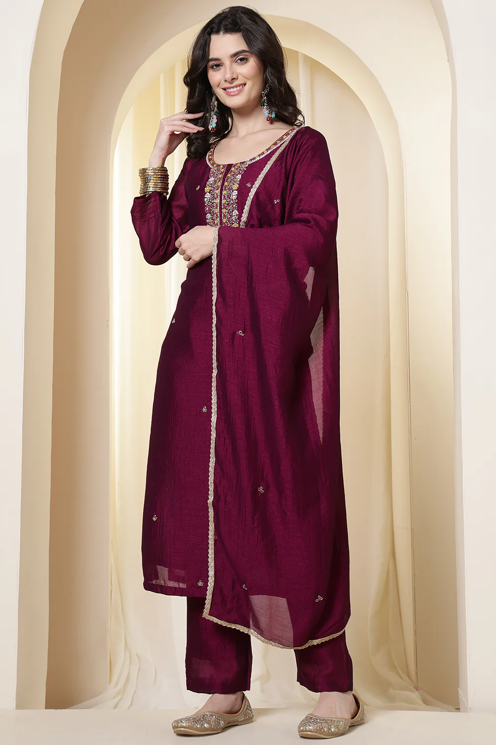 Dark Scarlet Chinone Silk Neck-Embroidered Suit Set - Image 2