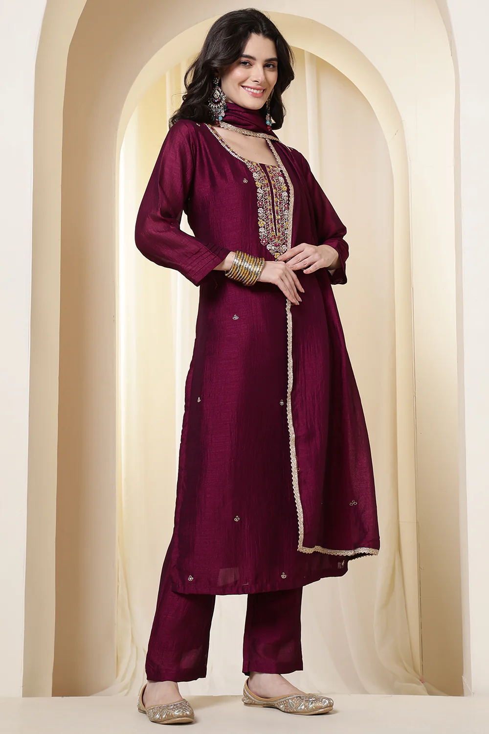 Dark Scarlet Chinone Silk Neck-Embroidered Suit Set - Image 3