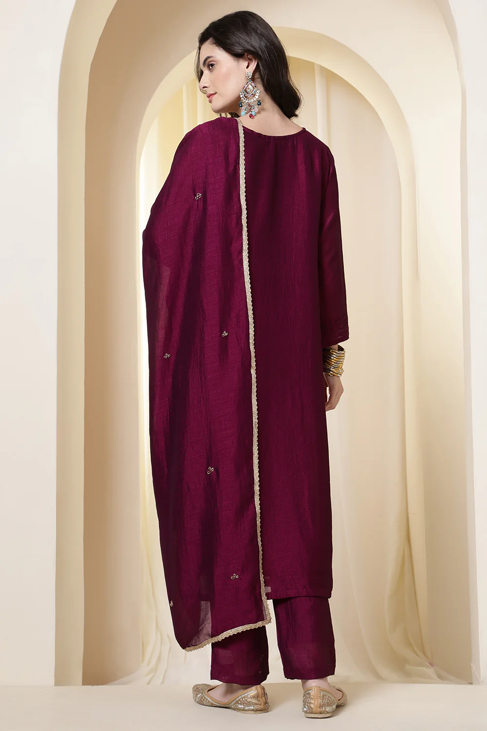 Dark Scarlet Chinone Silk Neck-Embroidered Suit Set - Image 4