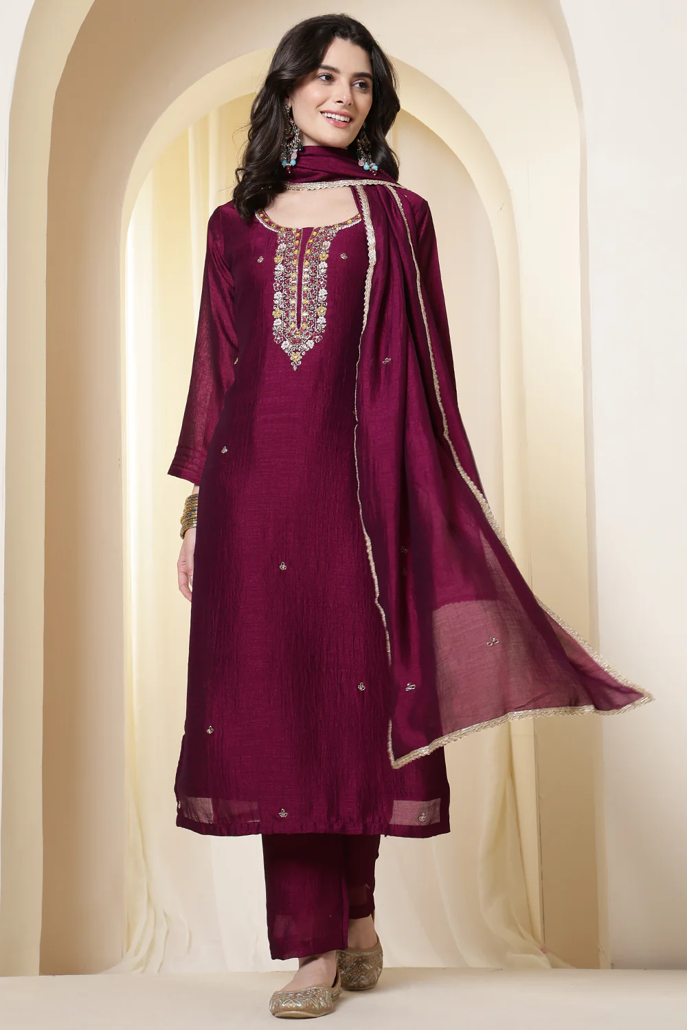 Dark Scarlet Chinone Silk Neck-Embroidered Suit Set - Image 5