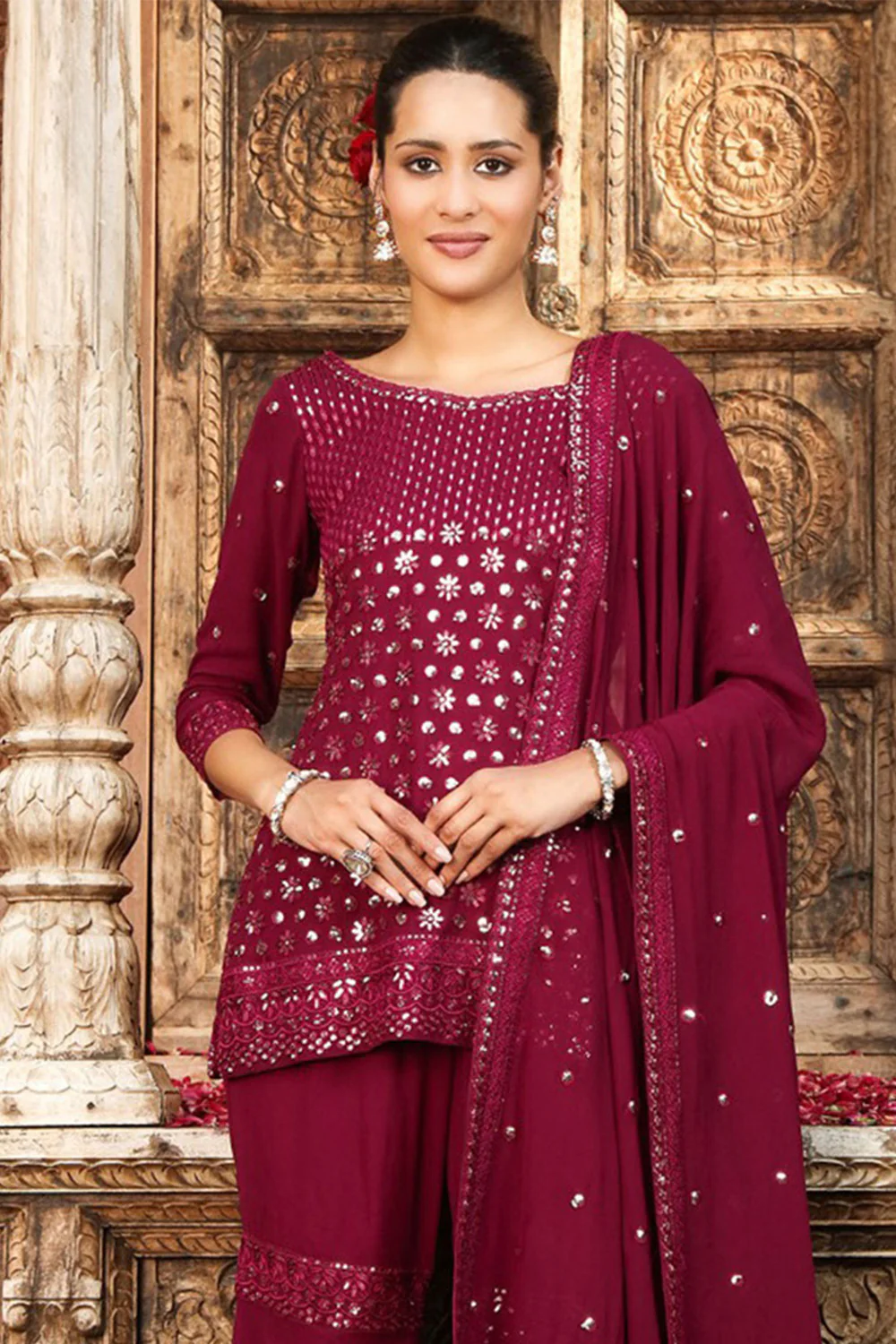Dark Scarlet Color Georgette Embroidered Suit With Gharara - Image 3