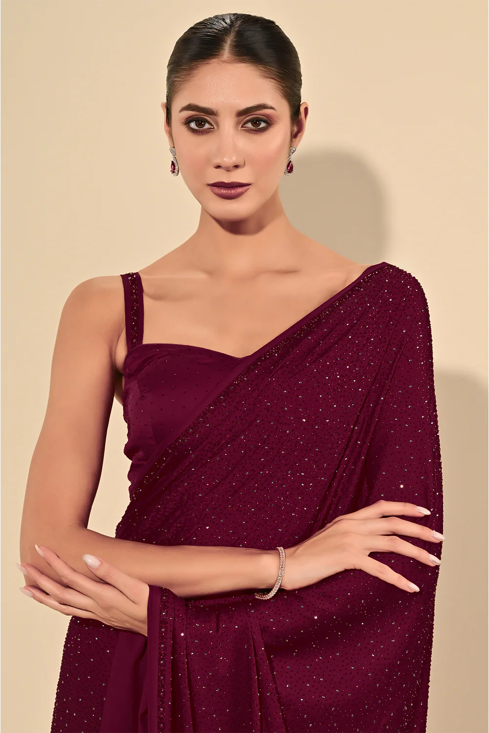 Dark Scarlet Color Satin Swarovski Work Saree - Image 5