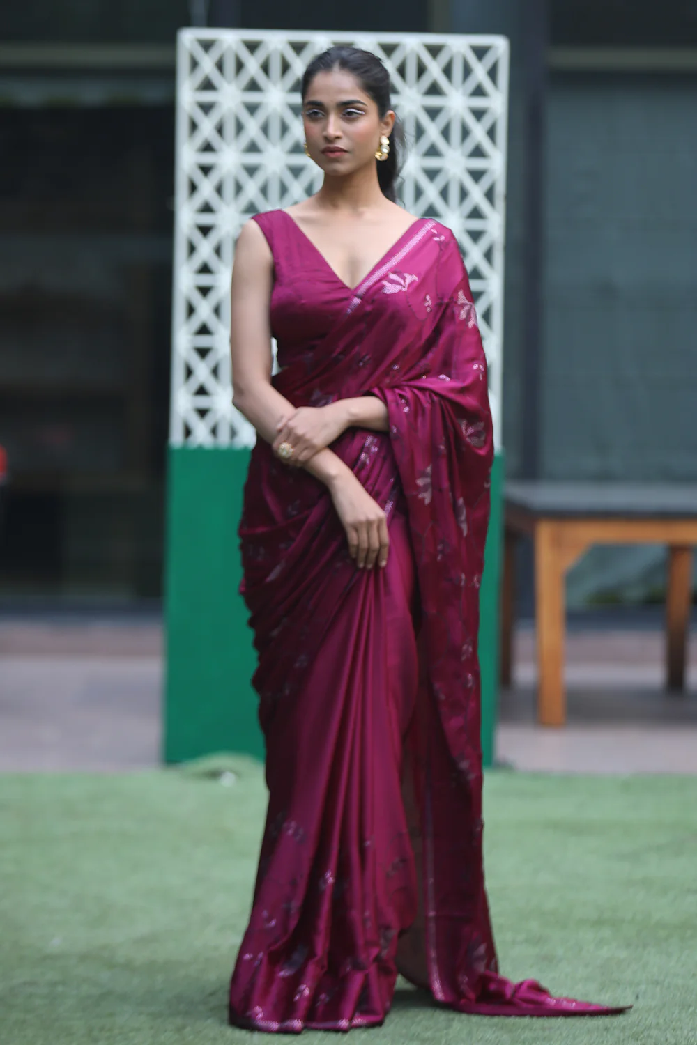 Dark Scarlet Color Satin Swarovski Work Saree - Image 4