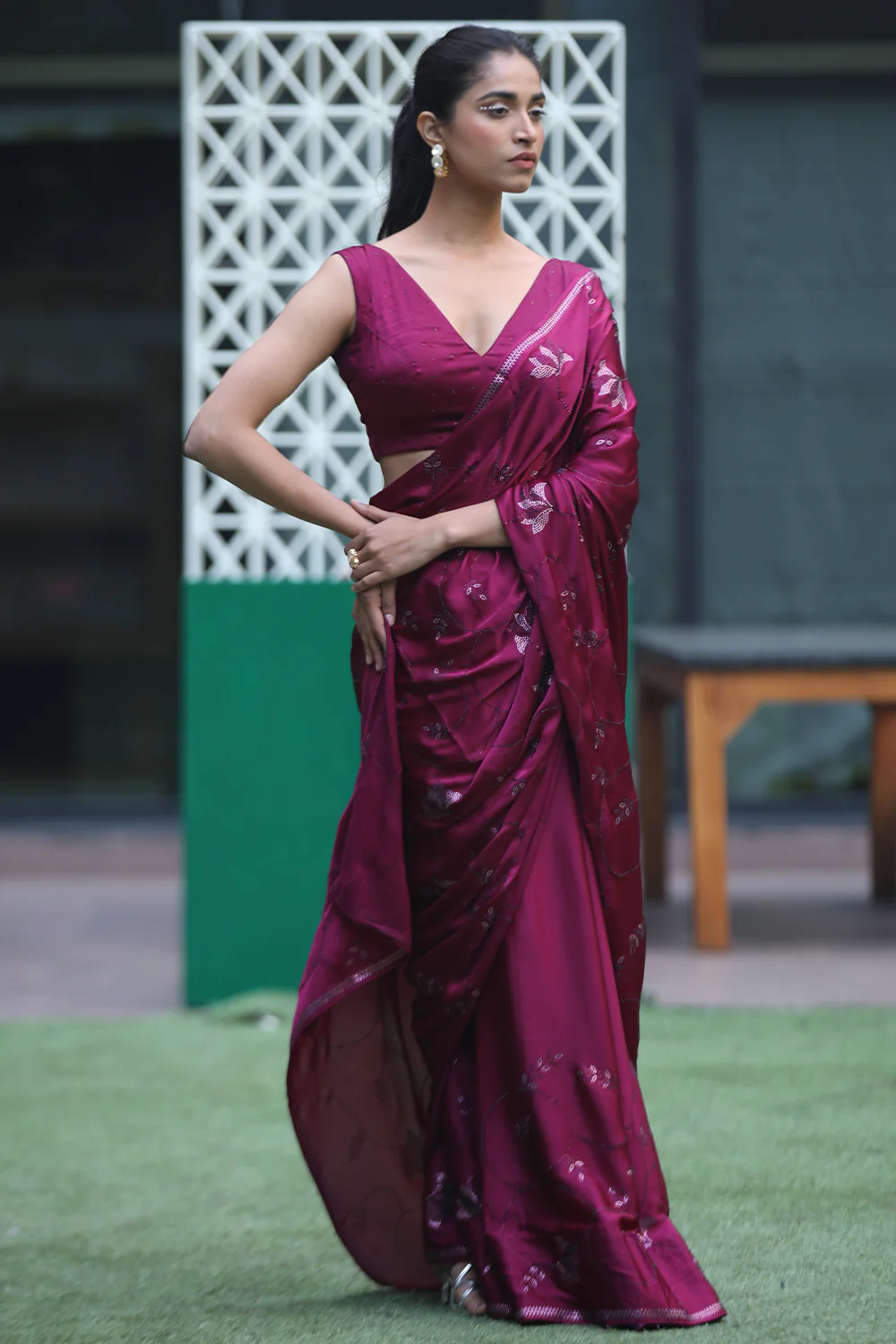 Dark Scarlet Color Satin Swarovski Work Saree - Image 5