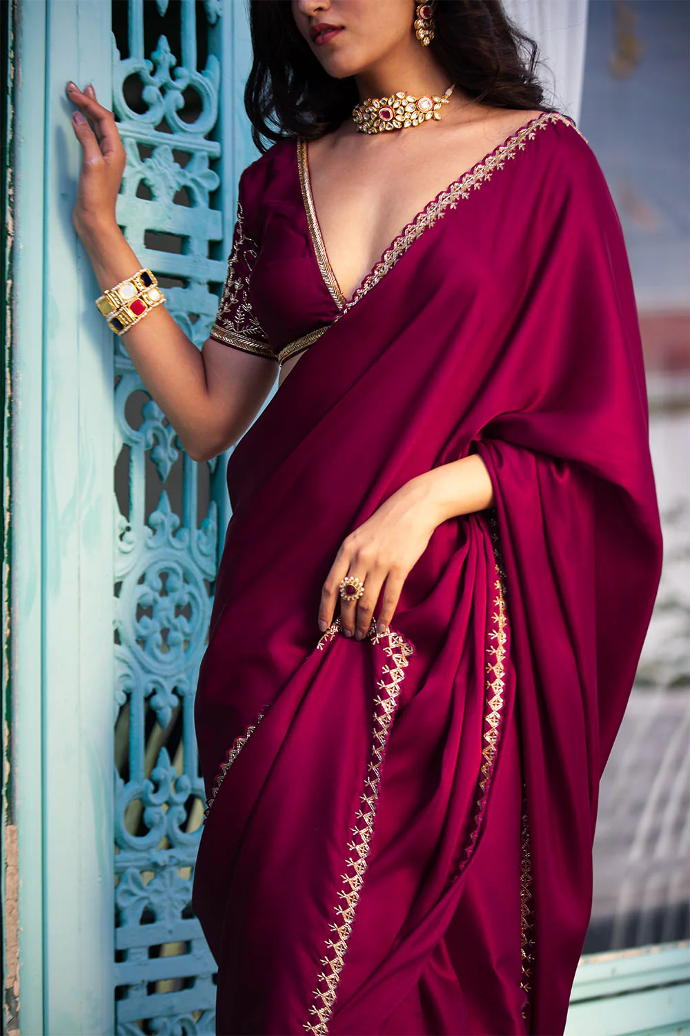 Dark Scarlet Colour Satin Saree - Image 3