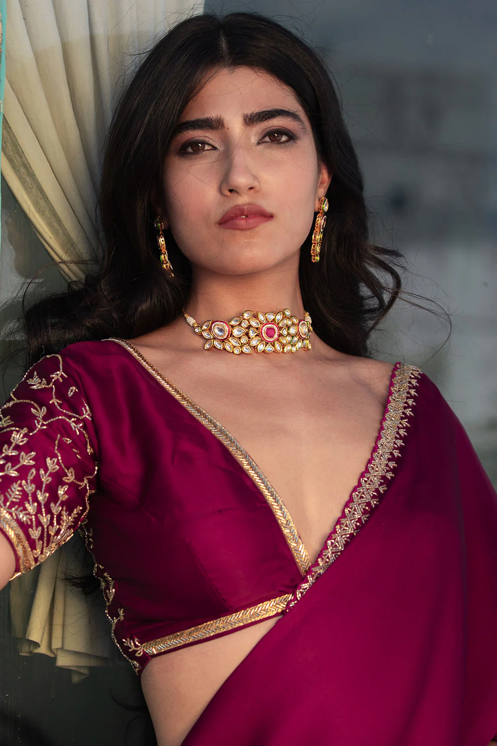Dark Scarlet Colour Satin Saree - Image 4