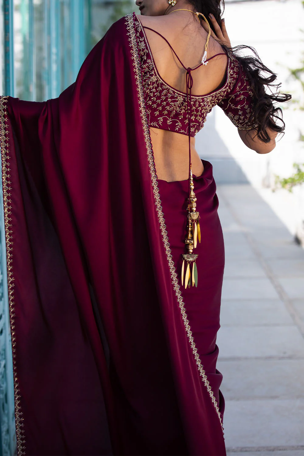 Dark Scarlet Colour Satin Saree - Image 5