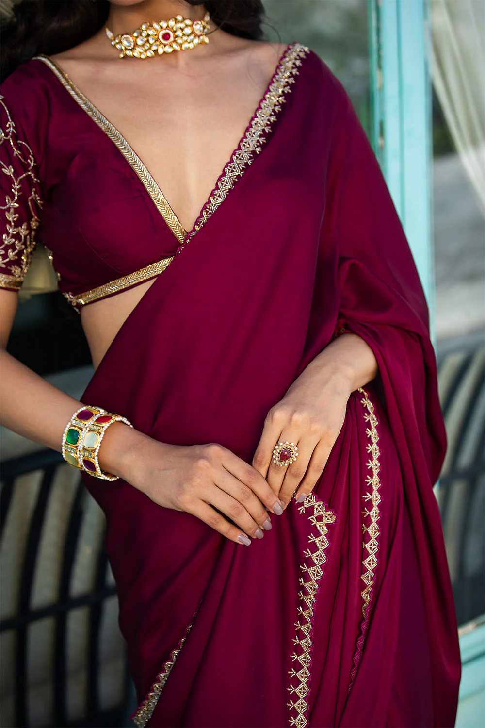 Dark Scarlet Colour Satin Saree - Image 6