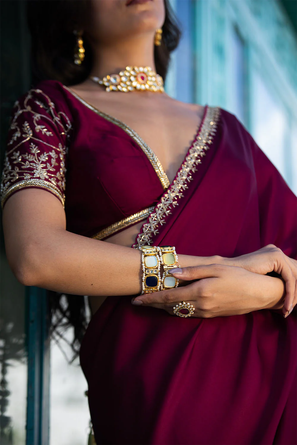 Dark Scarlet Colour Satin Saree - Image 7