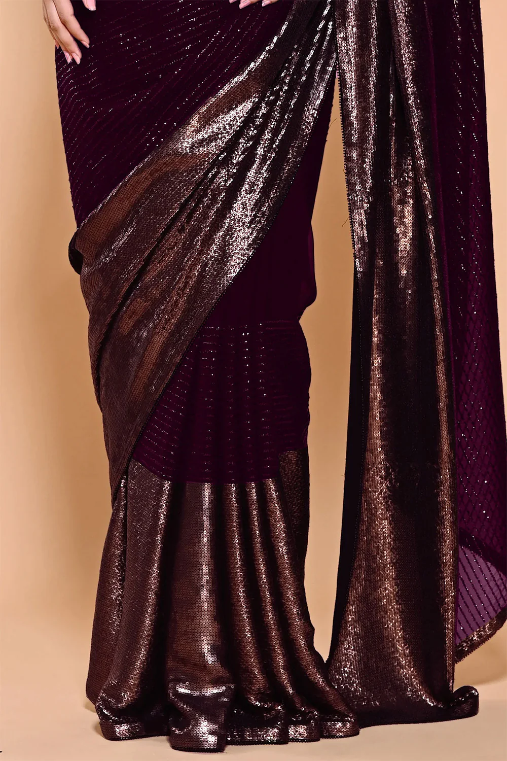 Dark Scarlet & Golden Color Georgette Sequins Embroidered Saree - Image 2