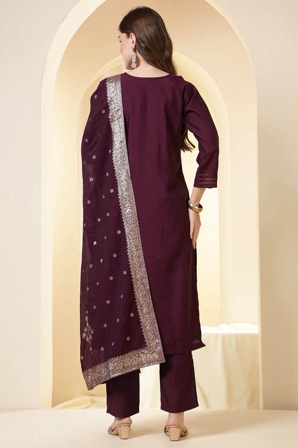 Dark Scarlet Silk Embroidered Suit Set - Image 3