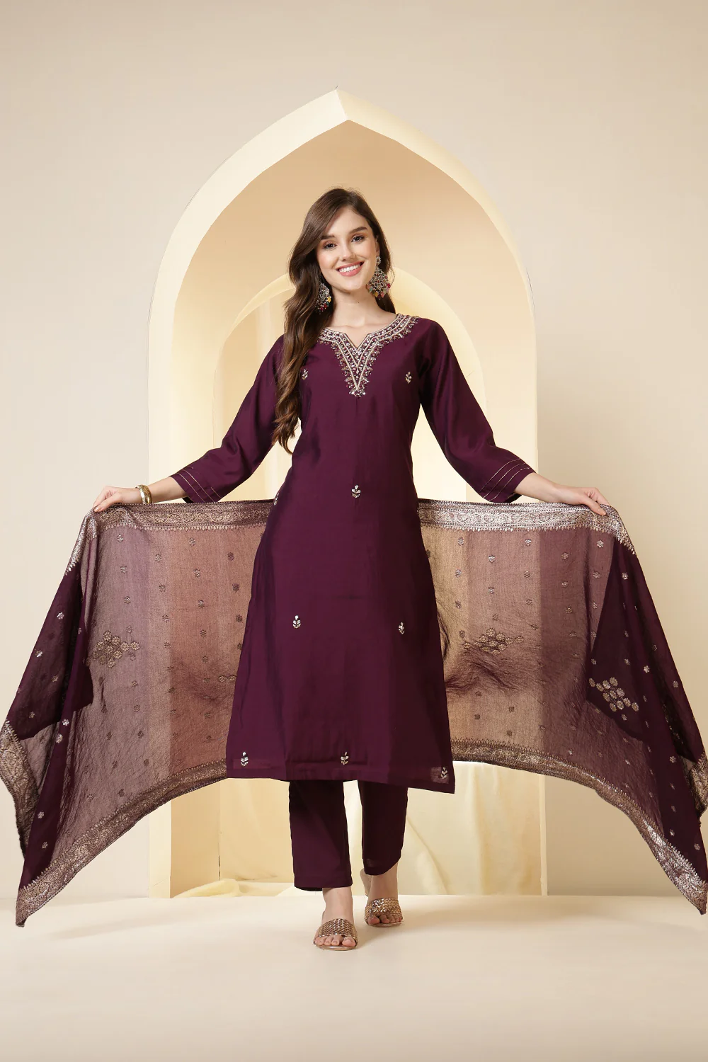 Dark Scarlet Silk Embroidered Suit Set - Image 6