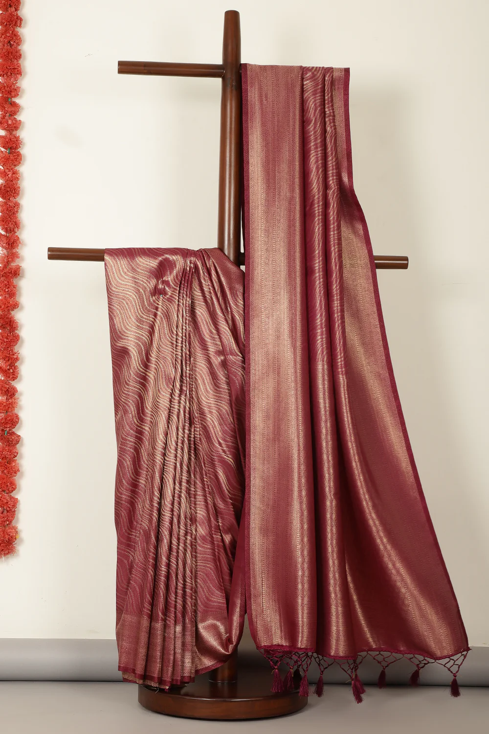Dark Scarlet Zari Woven Soft Silk Saree - Image 2