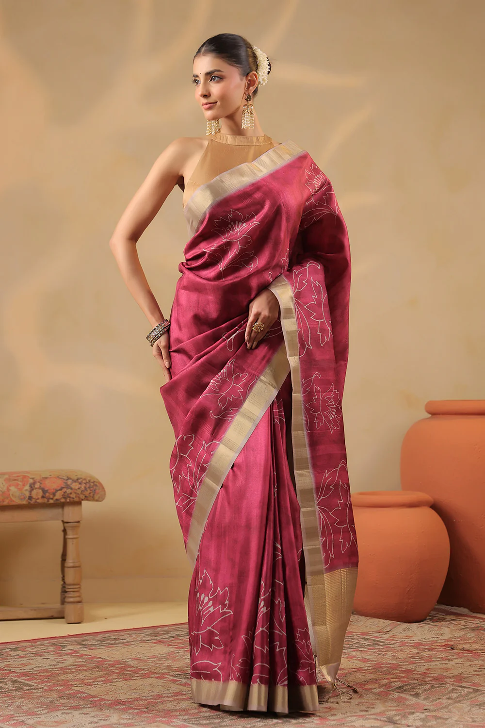 Deep Carmine Floral Printed and Zari Woven Tussar Silk Saree - Image 2