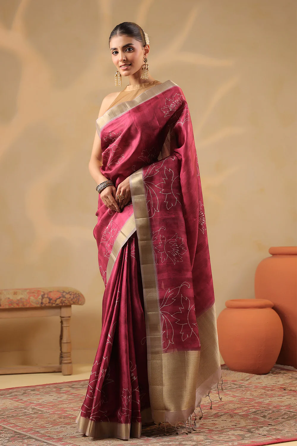 Deep Carmine Floral Printed and Zari Woven Tussar Silk Saree - Image 3