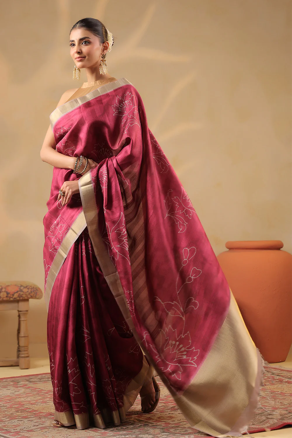 Deep Carmine Floral Printed and Zari Woven Tussar Silk Saree - Image 4