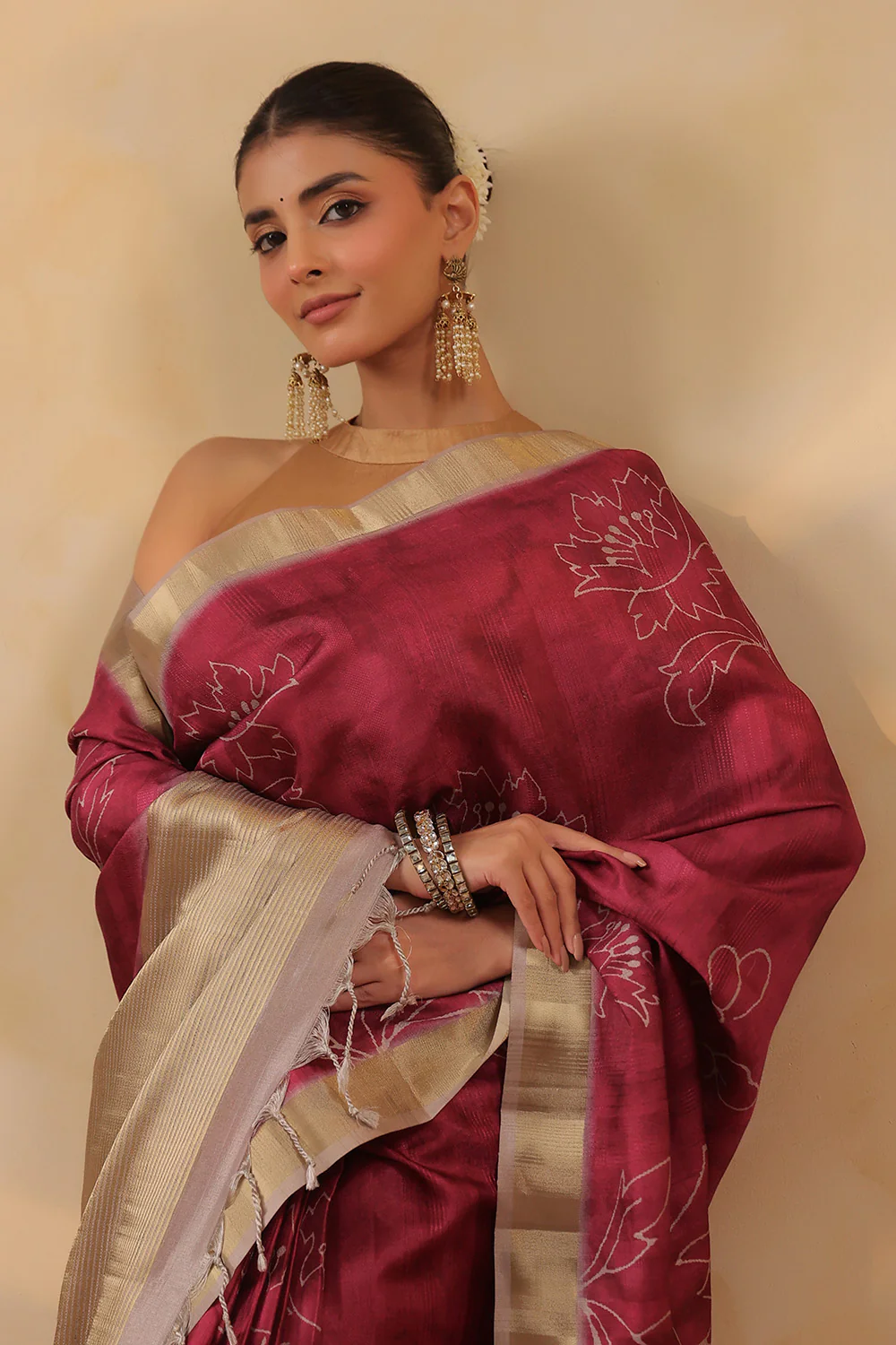 Deep Carmine Floral Printed and Zari Woven Tussar Silk Saree - Image 5
