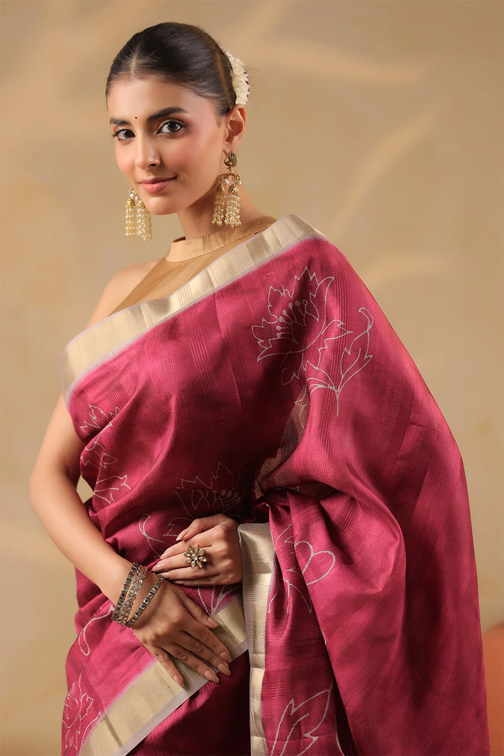 Deep Carmine Floral Printed and Zari Woven Tussar Silk Saree - Image 6