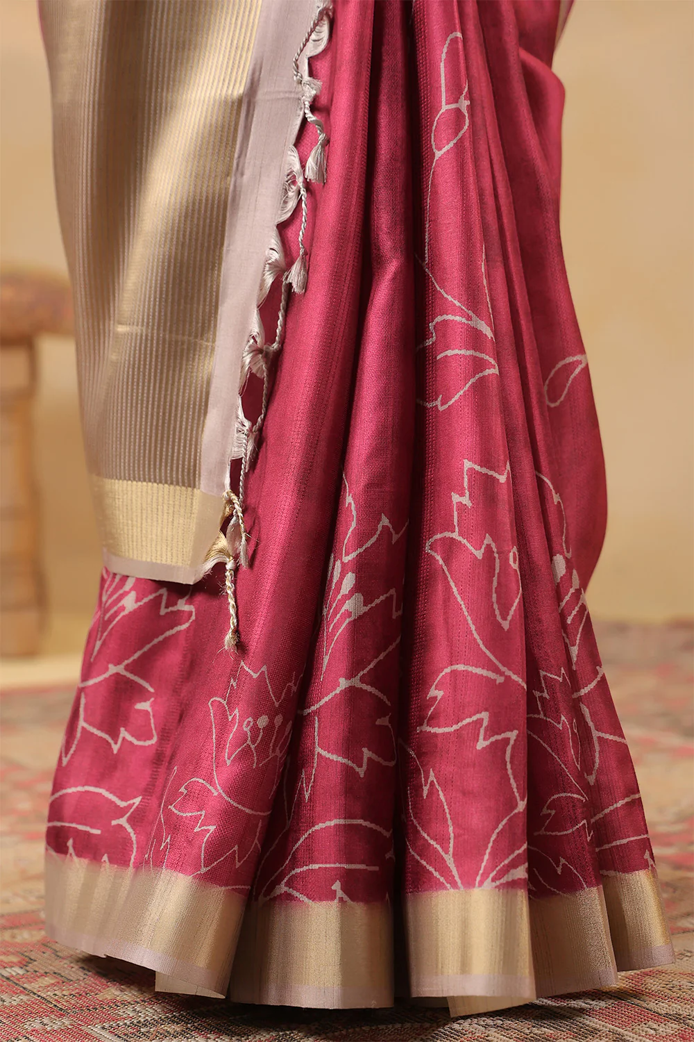 Deep Carmine Floral Printed and Zari Woven Tussar Silk Saree - Image 7