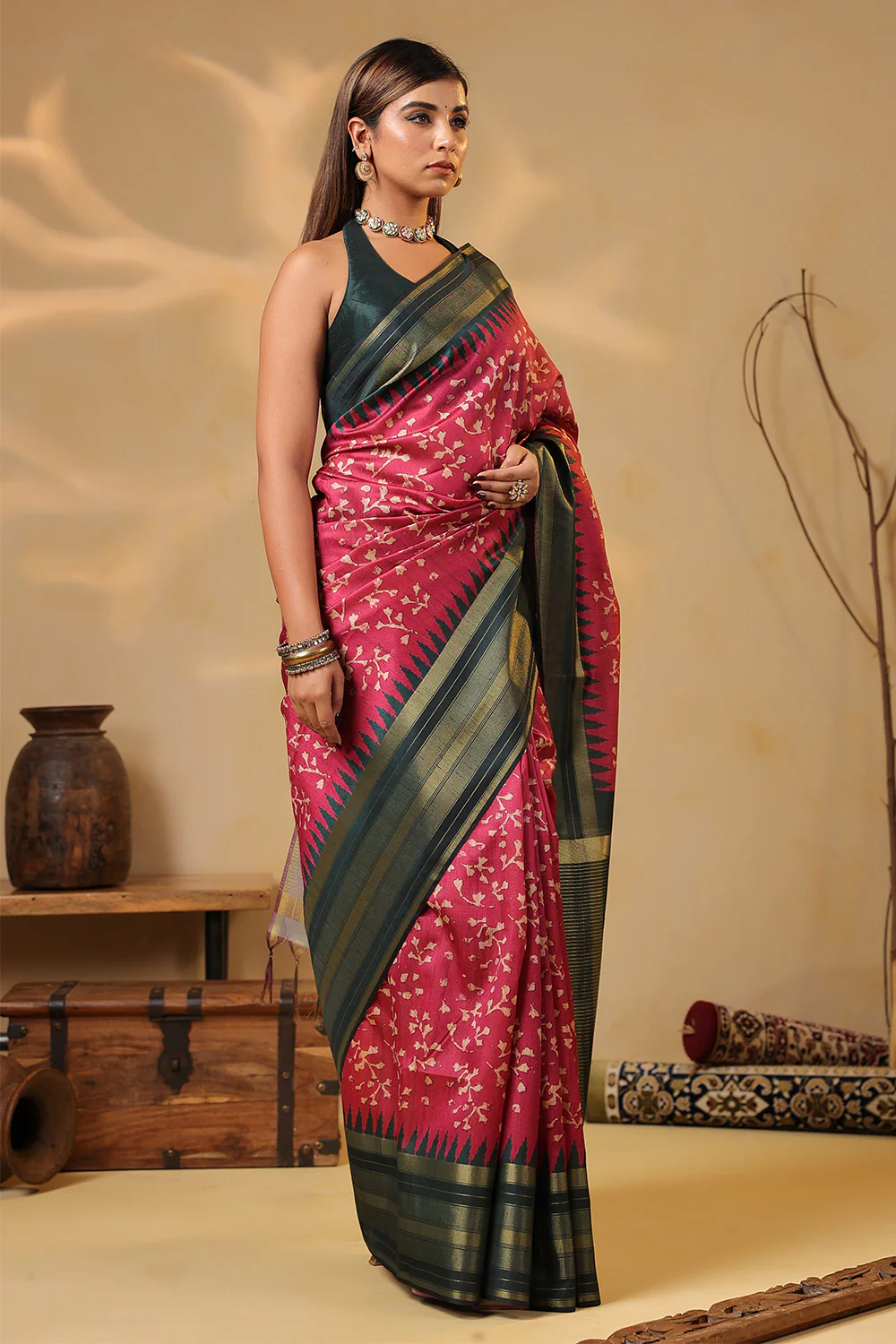 Deep Carmine Tussar Silk Floral Printed and Zari Woven Saree - Image 2