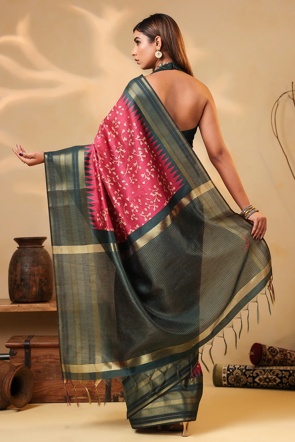Deep Carmine Tussar Silk Floral Printed and Zari Woven Saree - Image 3