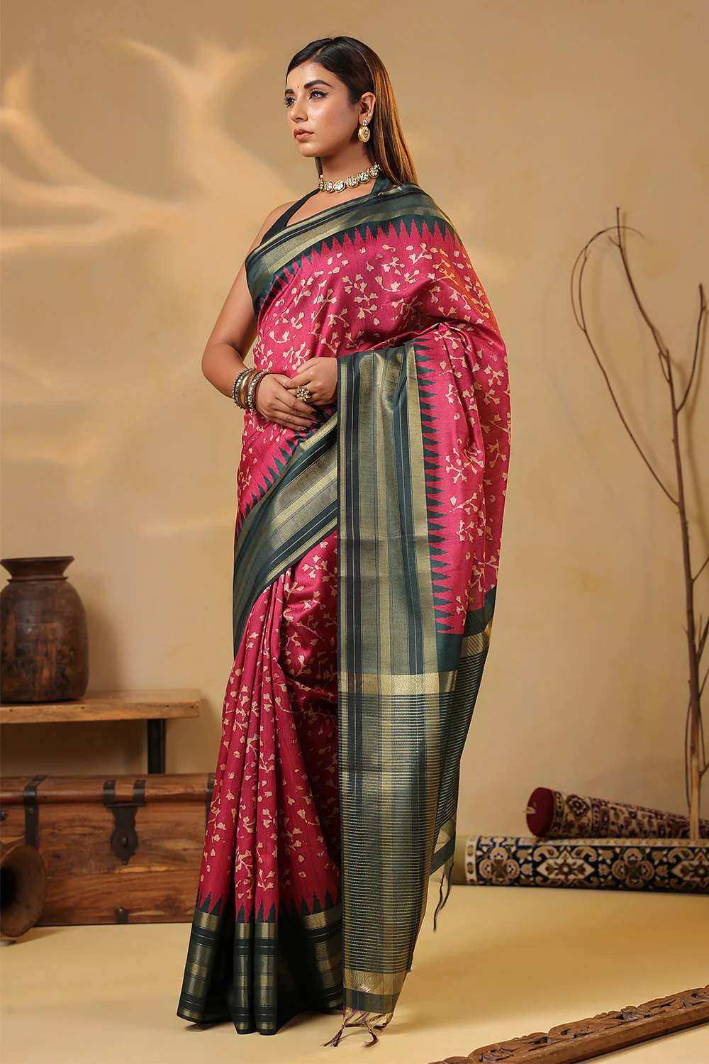 Deep Carmine Tussar Silk Floral Printed and Zari Woven Saree - Image 4
