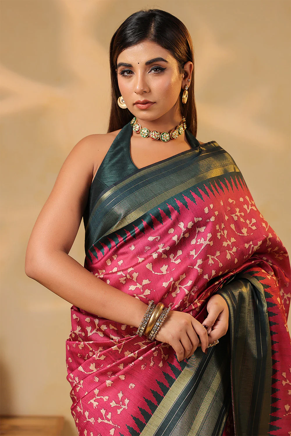 Deep Carmine Tussar Silk Floral Printed and Zari Woven Saree - Image 5
