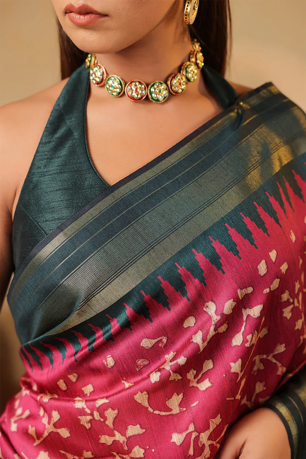 Deep Carmine Tussar Silk Floral Printed and Zari Woven Saree - Image 6