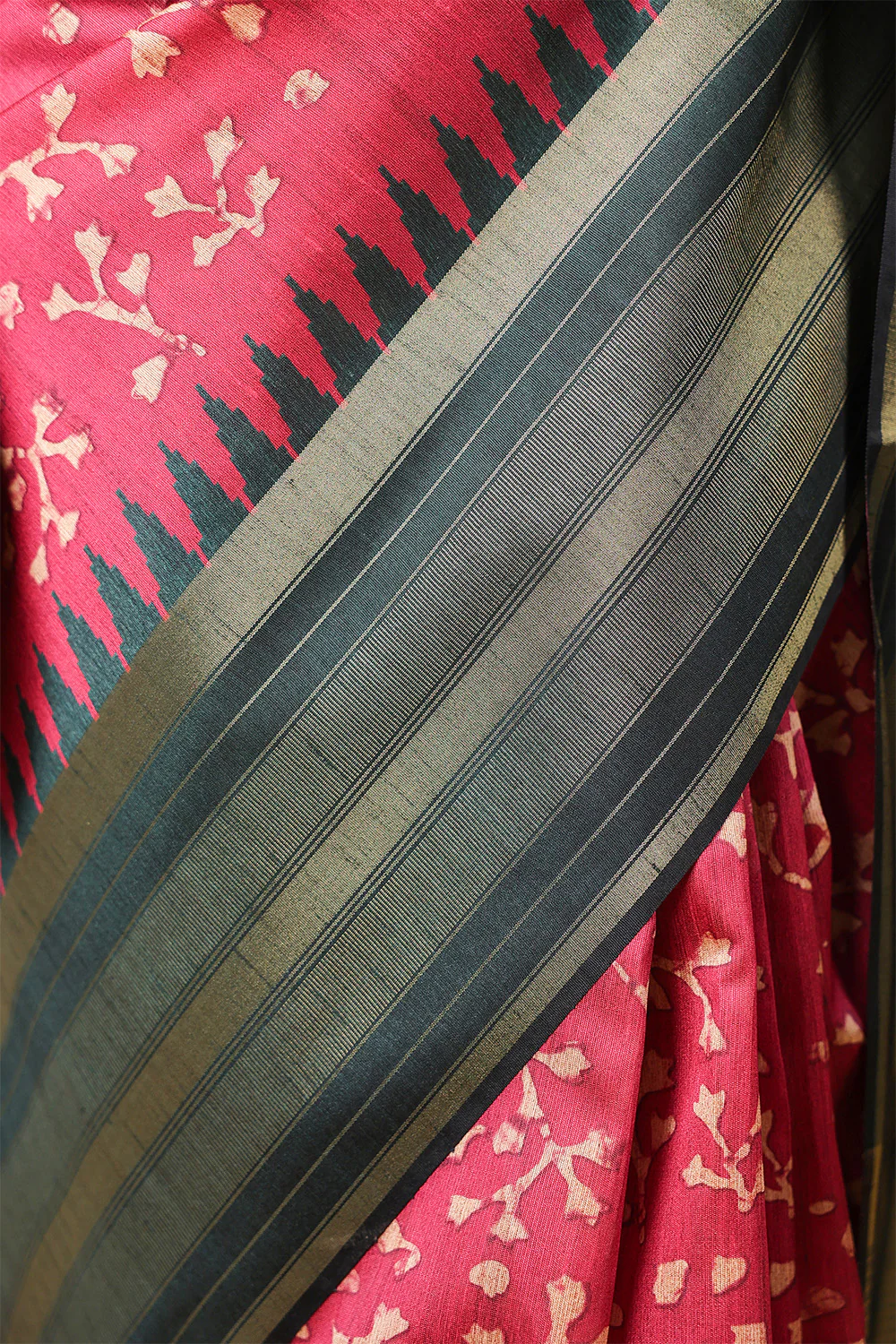 Deep Carmine Tussar Silk Floral Printed and Zari Woven Saree - Image 7