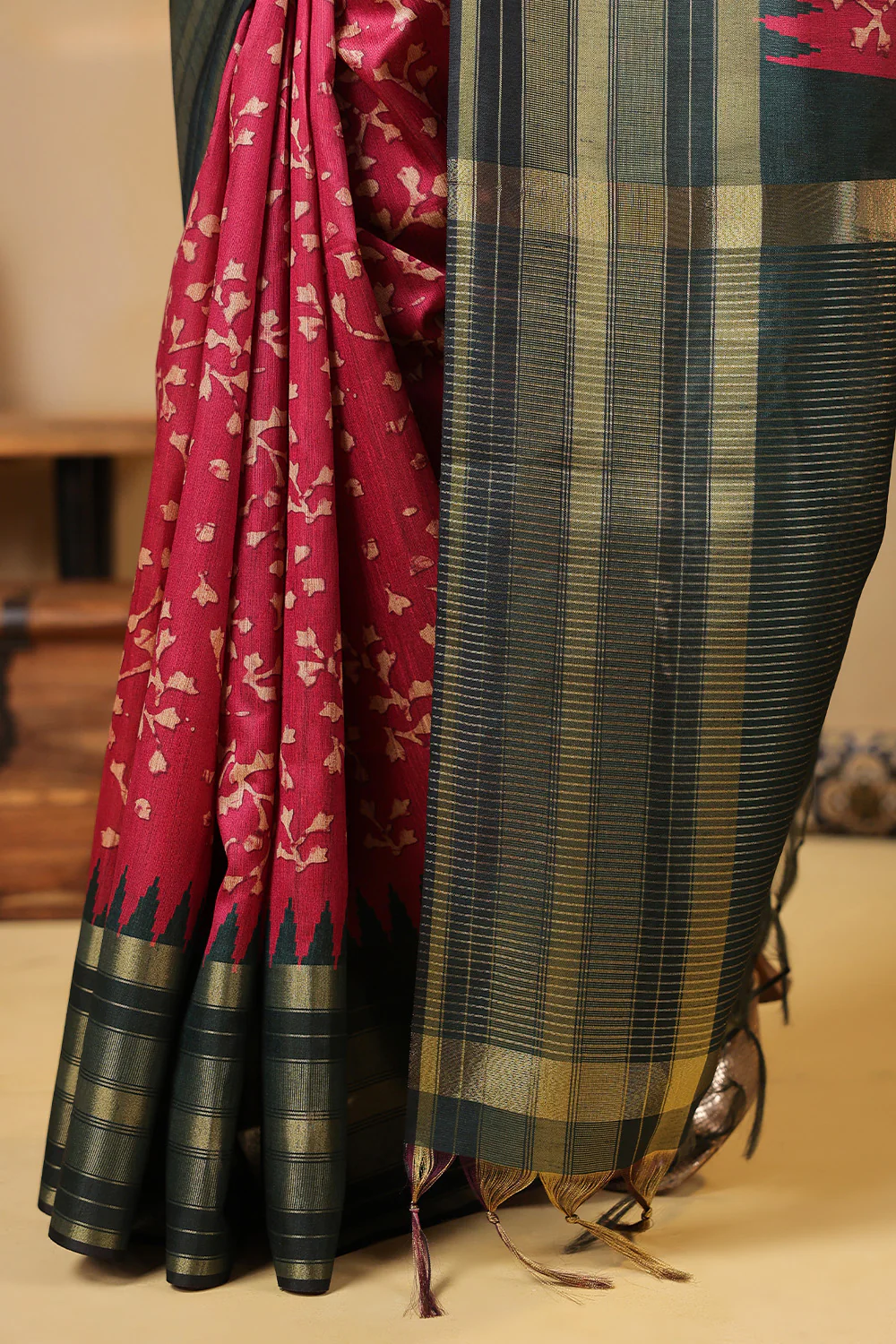 Deep Carmine Tussar Silk Floral Printed and Zari Woven Saree - Image 8