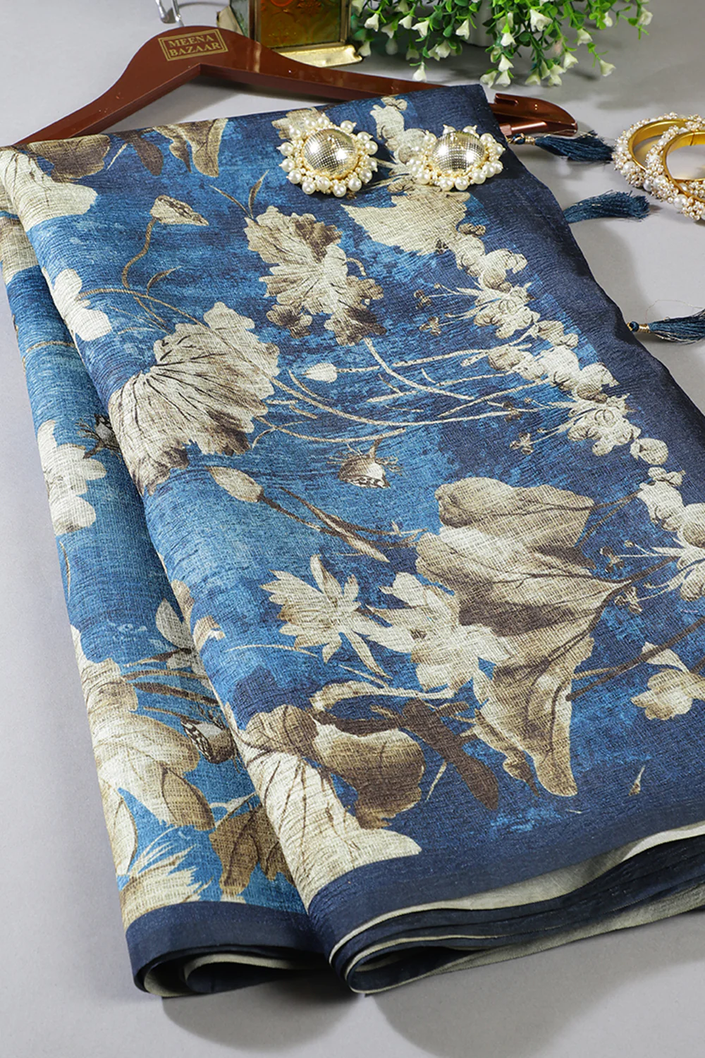 Dusky Blue Tussar Silk Floral Printed Saree