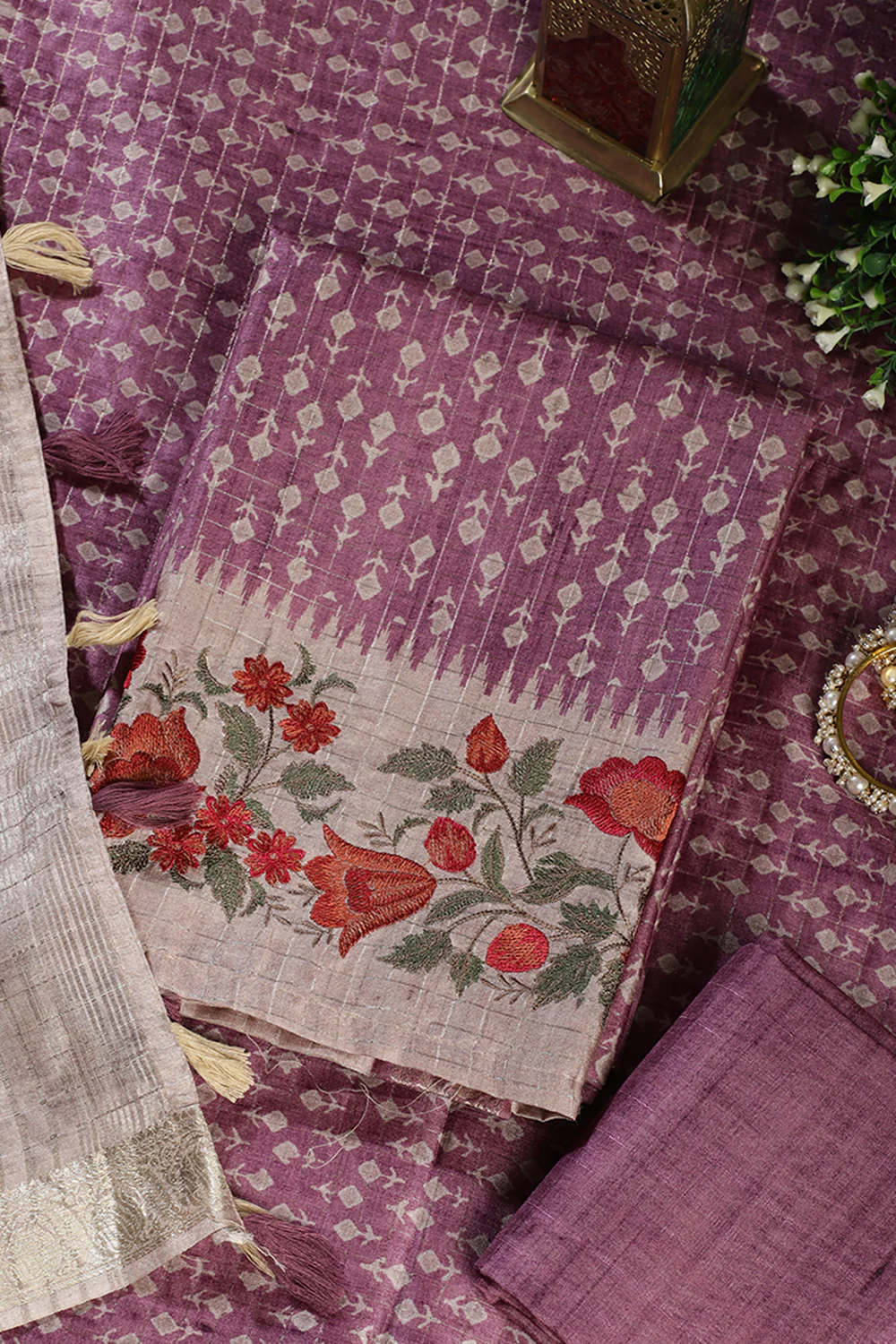 Dusky Purple Tussar Cotton Printed And Floral Embroidered Unstiched Suit Material