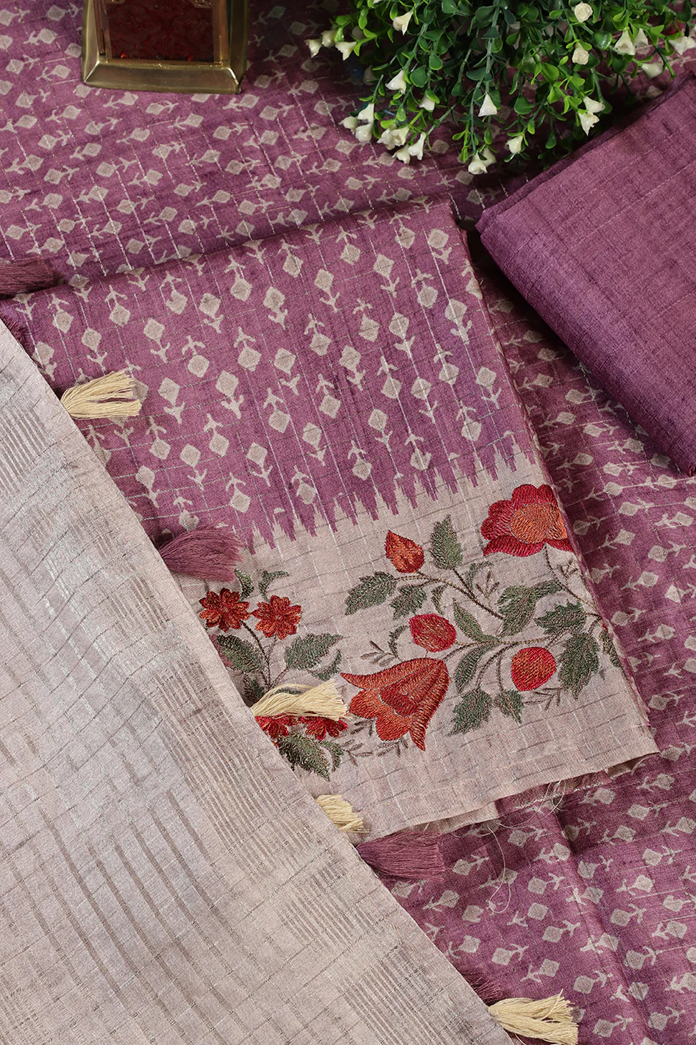 Dusky Purple Tussar Cotton Printed And Floral Embroidered Unstiched Suit Material - Image 3