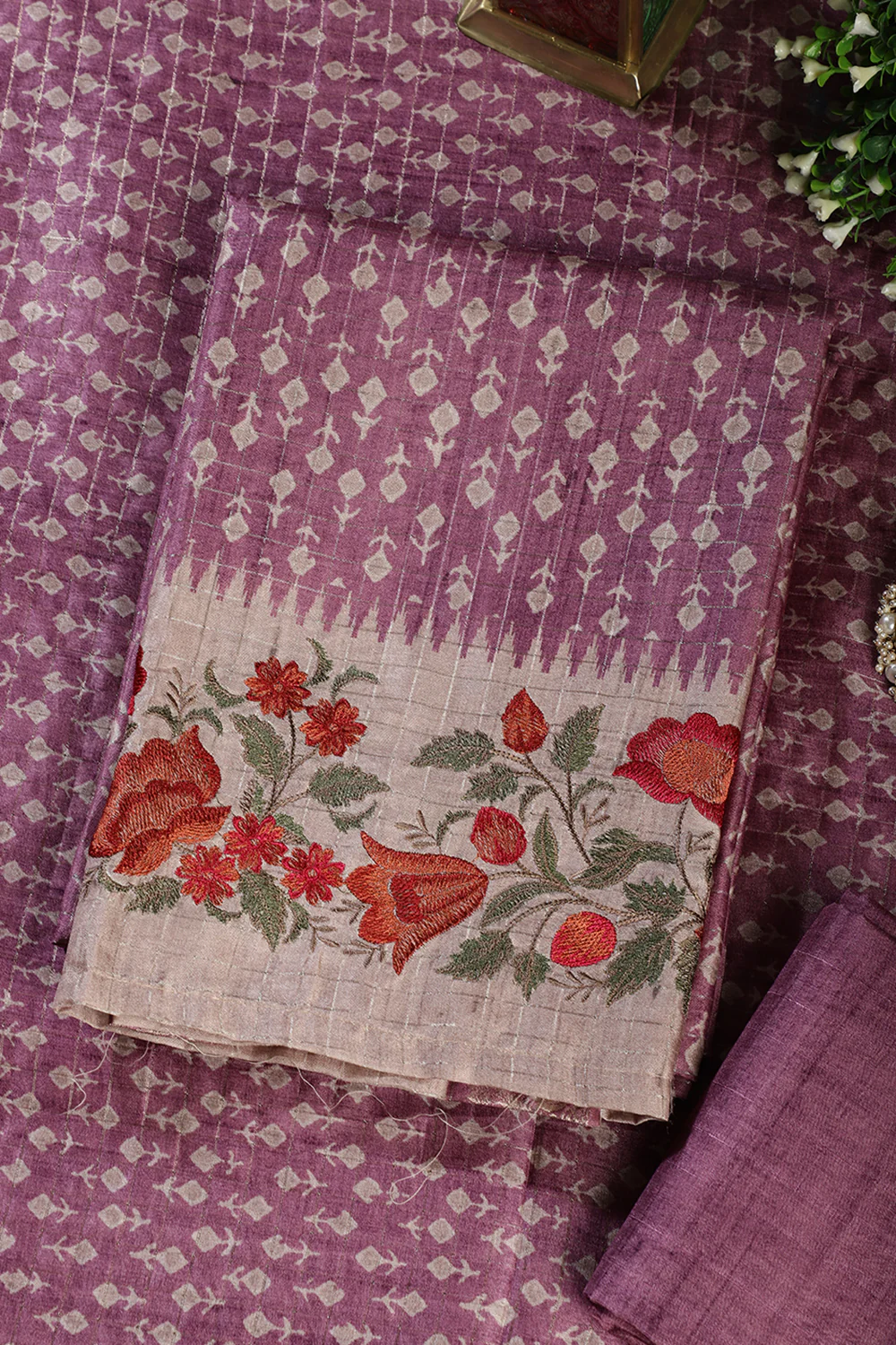 Dusky Purple Tussar Cotton Printed And Floral Embroidered Unstiched Suit Material - Image 4