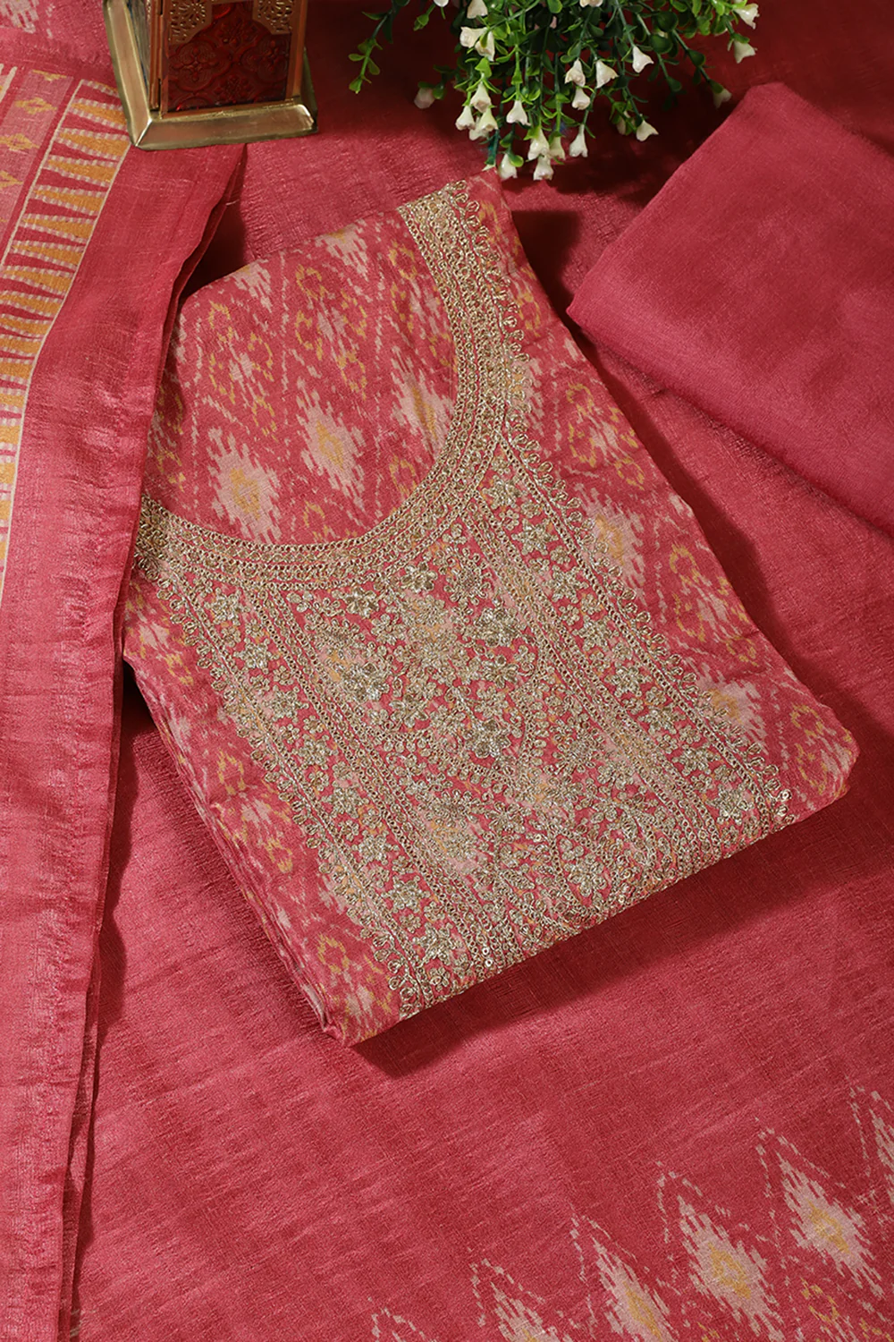 Dusty Pink Chanderi Silk Neck Embroidered Unstitched Suit Material - Image 3