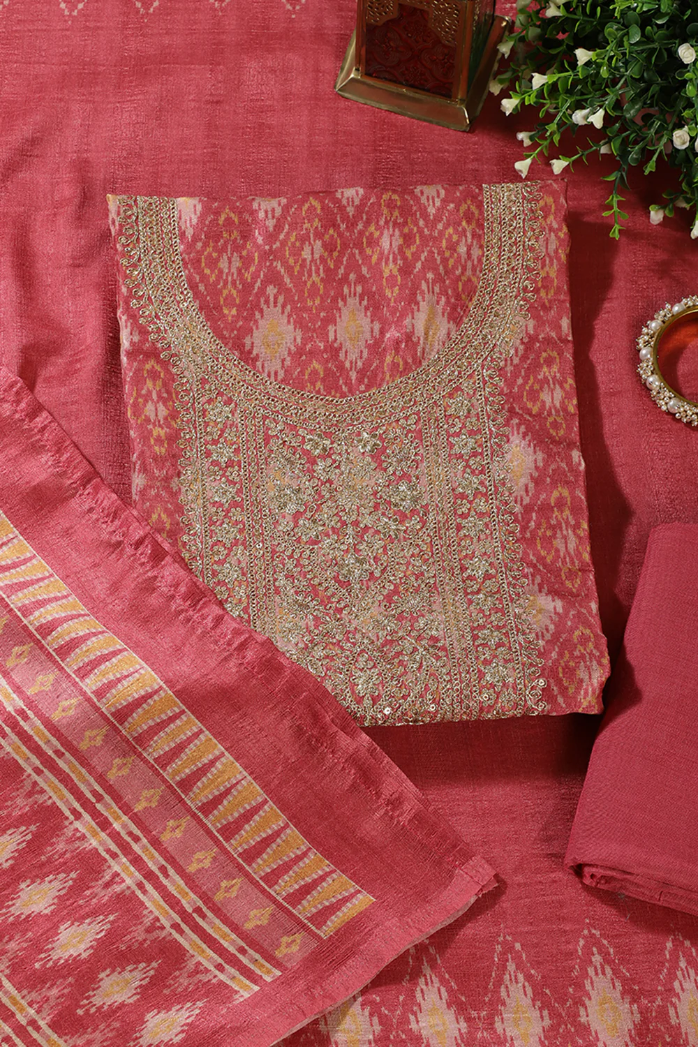 Dusty Pink Chanderi Silk Neck Embroidered Unstitched Suit Material - Image 4