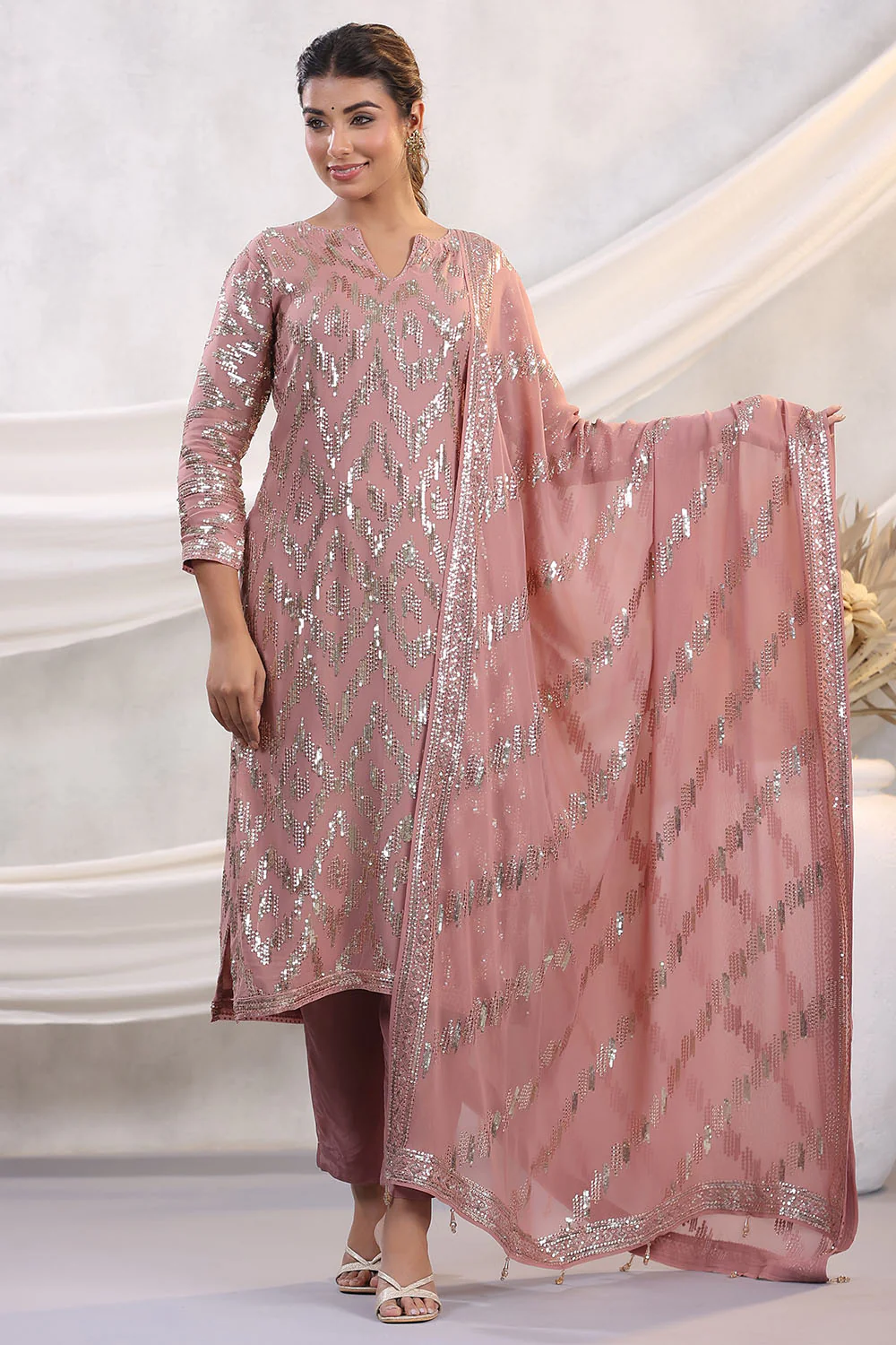Dusty Pink Color Embroidered Georgette Unstitched Suit Material - Image 3