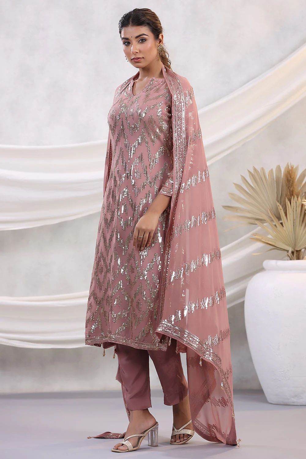 Dusty Pink Color Embroidered Georgette Unstitched Suit Material - Image 6