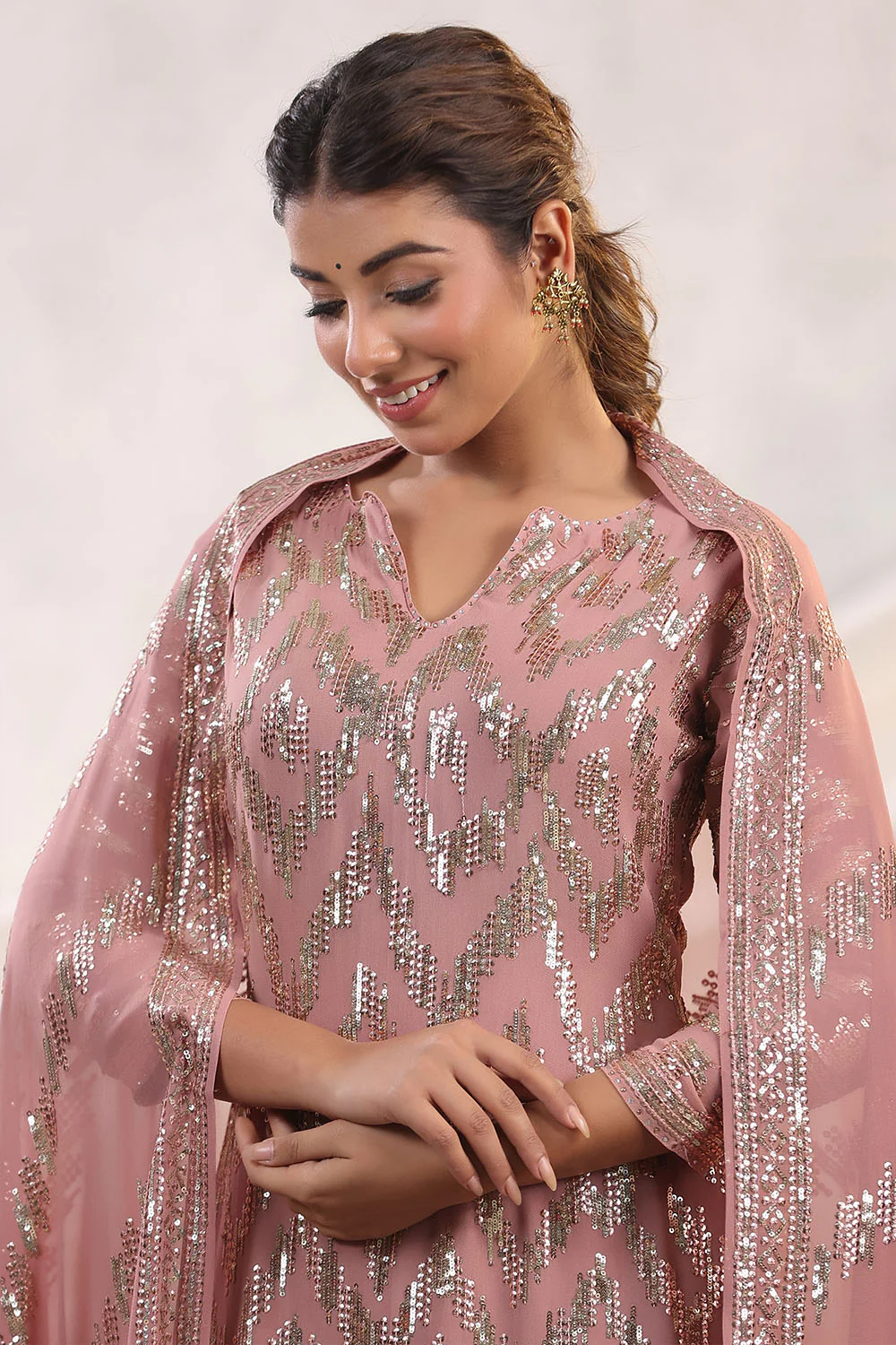 Dusty Pink Color Embroidered Georgette Unstitched Suit Material - Image 8