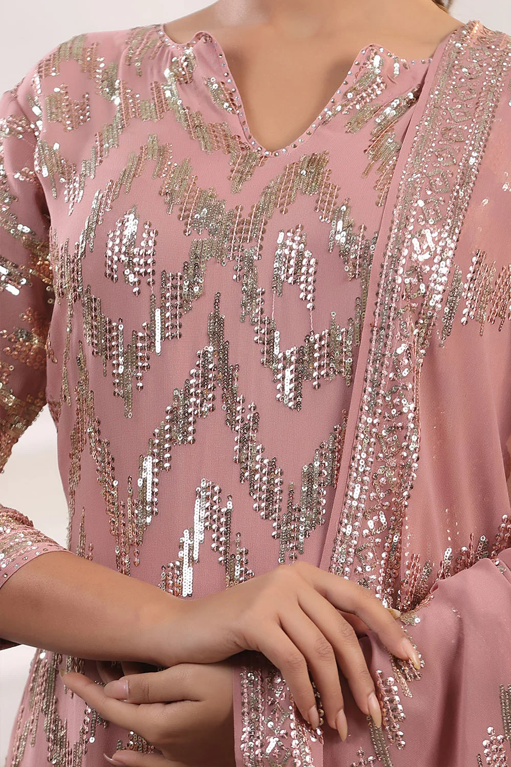 Dusty Pink Color Embroidered Georgette Unstitched Suit Material - Image 9