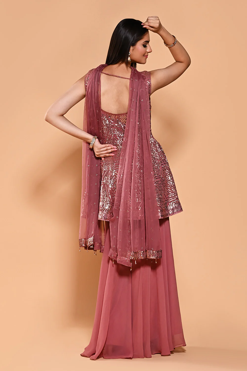 Dusty Pink Color Sequins Embroidered Georgette Peplum Gharara Suit - Image 3