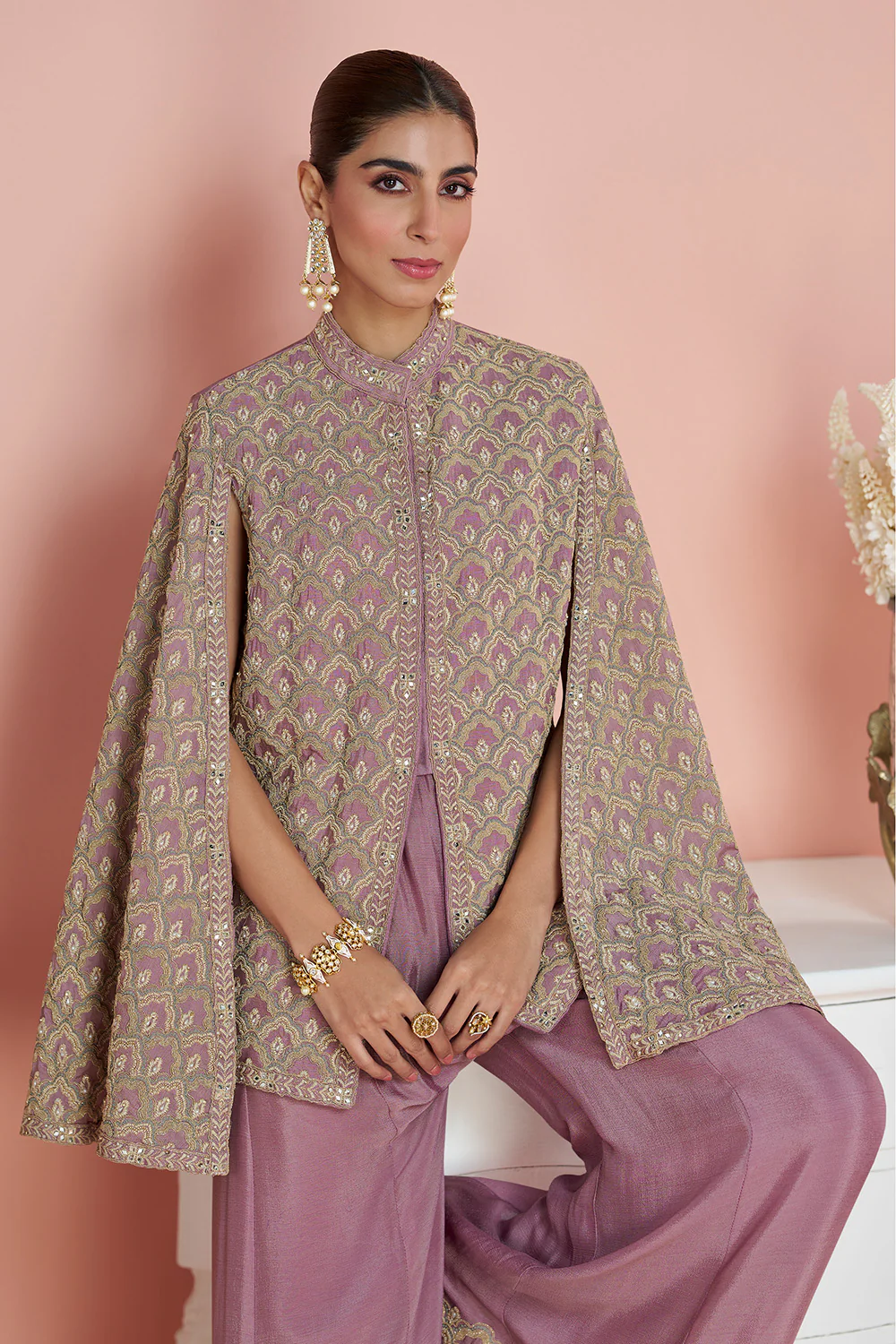 Dusty Pink Crepe Silk Embroidered Dress With Embroidered Palazzo - Image 3