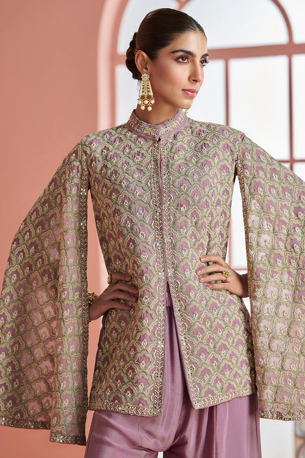 Dusty Pink Crepe Silk Embroidered Dress With Embroidered Palazzo - Image 4