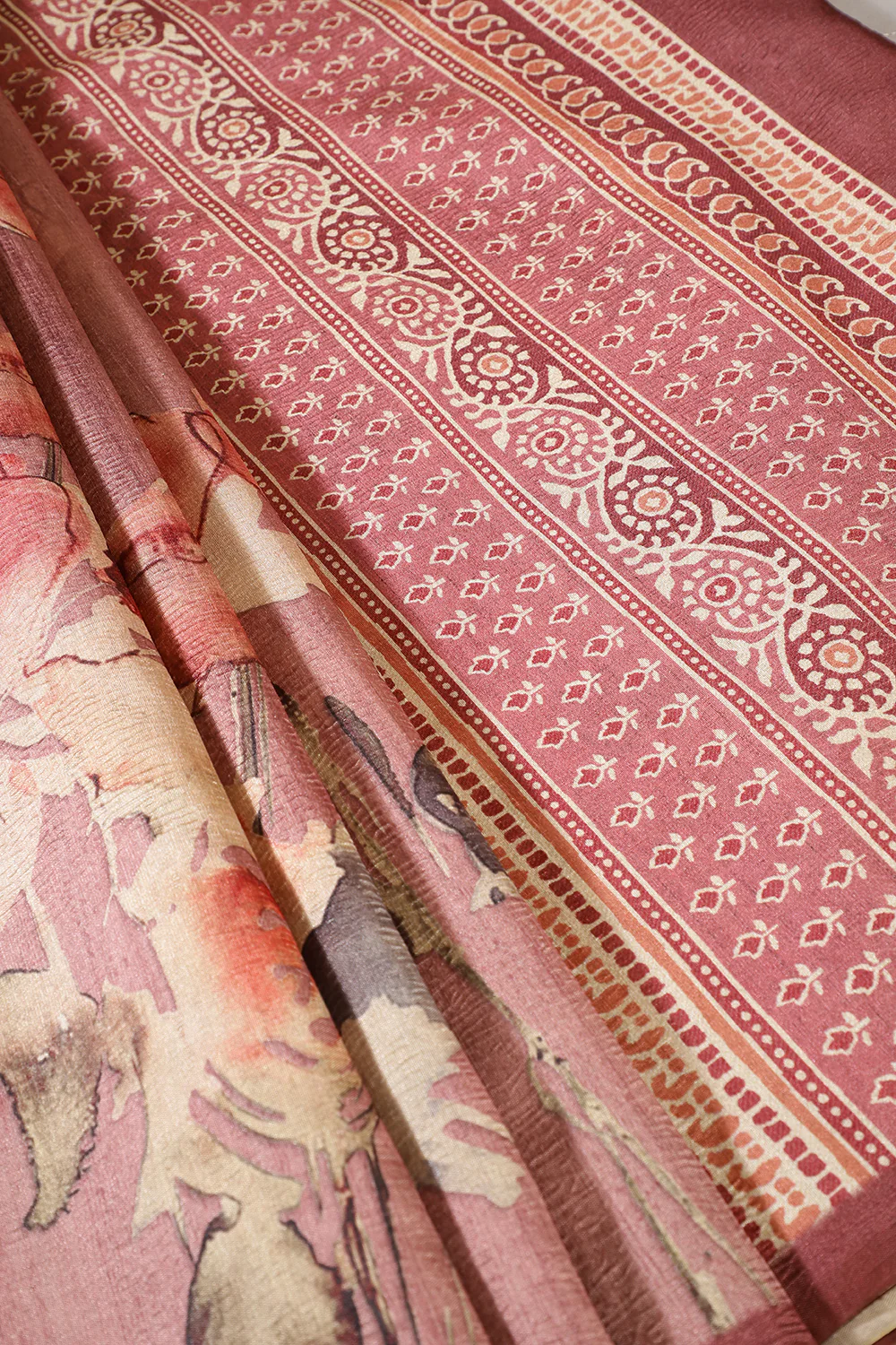 Dusty Pink Floral Printed Tussar Silk Saree - Image 2
