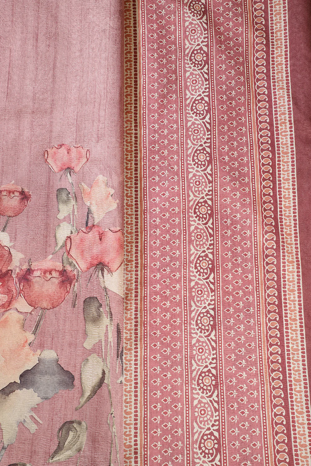 Dusty Pink Floral Printed Tussar Silk Saree - Image 4
