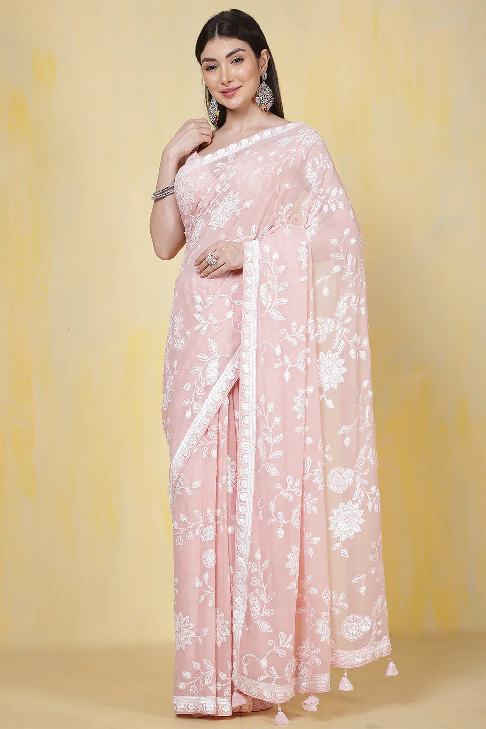 Dusty Pink Georgette Sequins Embroidered Saree - Image 2