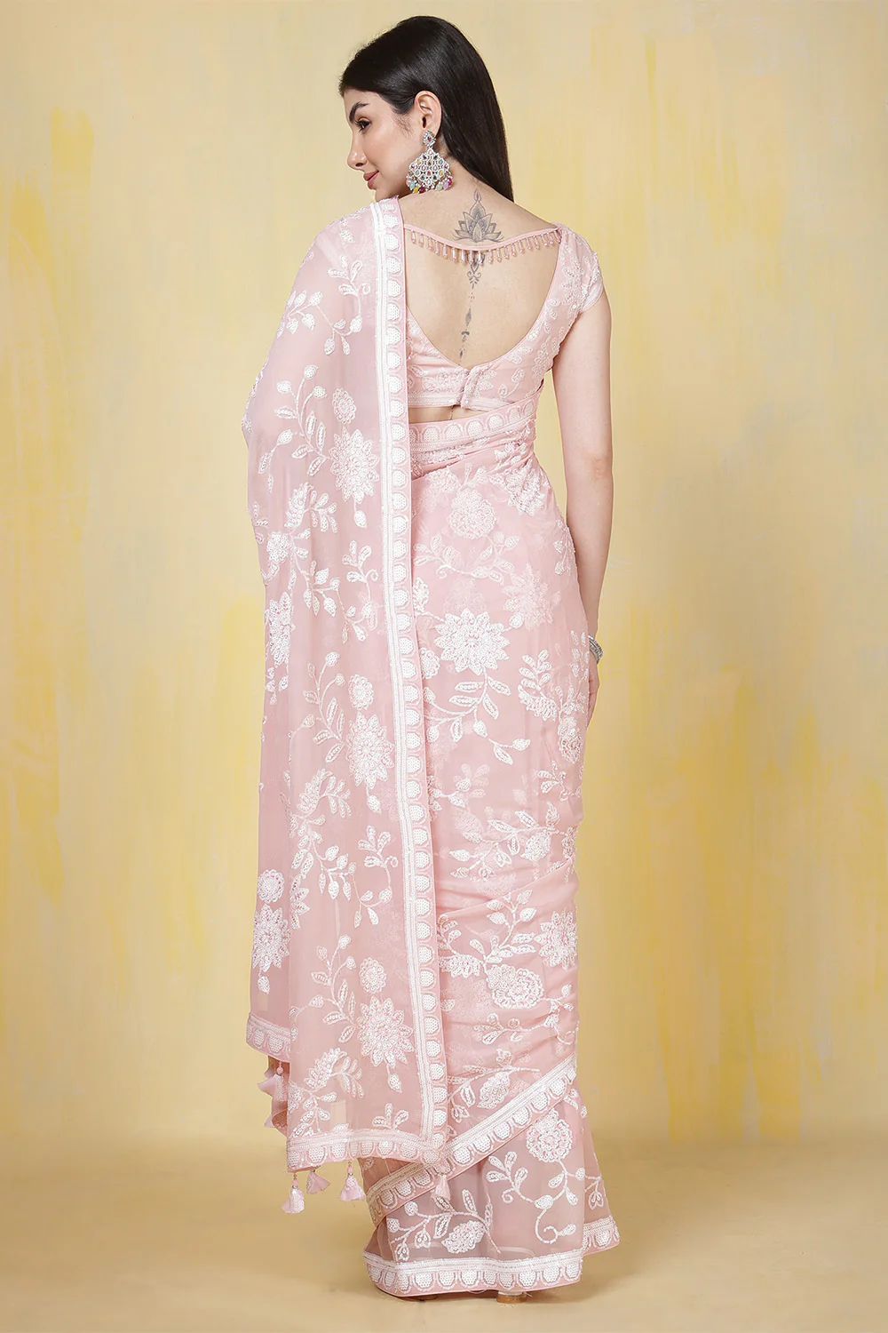 Dusty Pink Georgette Sequins Embroidered Saree - Image 3